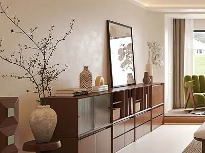 Modern Wooden TV Stand With Glass Fronted Cabinets Storage Drawers Decorative Vases And Mirror 3d model