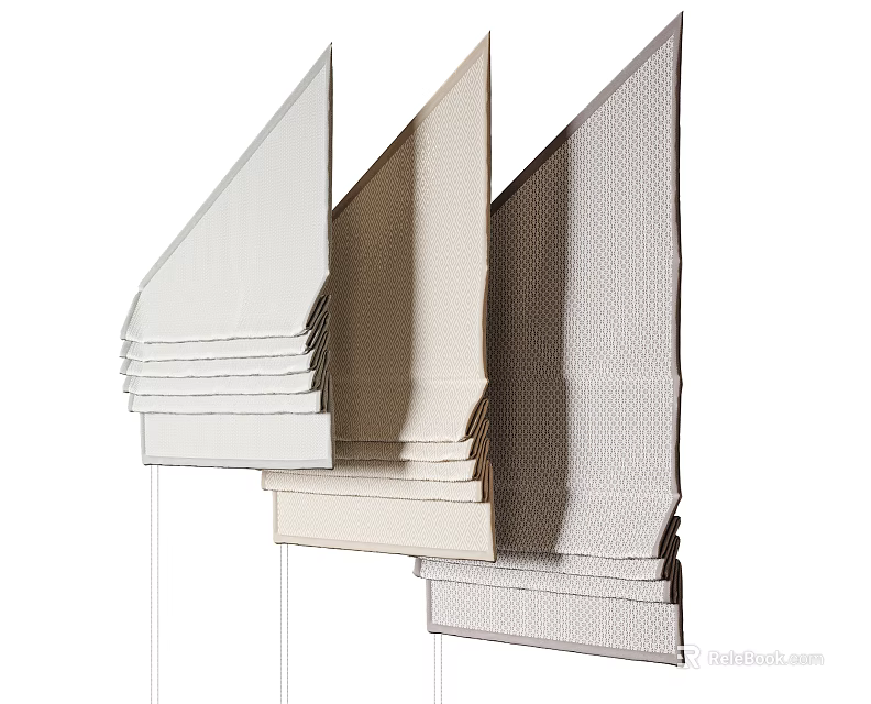 Stacked Window Blinds Featuring Various Textured Fabrics And Neutral Colors 3d model