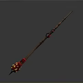 Red and Gold Ornate Weapon With Long Handle Scythe Blade and Gemstone Accents