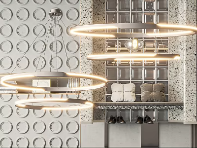 Contemporary Circular Chandelier With Illuminated Rings In Interior With Circular Wall Pattern And Metal Grid 3d model