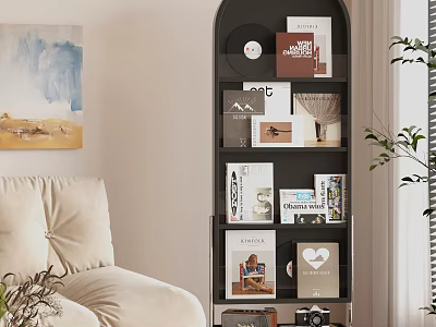 Modern Living Room Shelving Unit With Vinyl Records Books Photo Frames And Camera 3d model