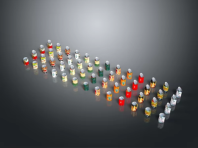 Colorful Small Food Seasoning Bottles in Various Sizes Arranged in Wave Pattern on Gray Background 3d model