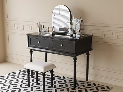 Elegant Black Dressing Table with Round Mirror Drawers White Stool and Cosmetics on Beige Wall 3d model