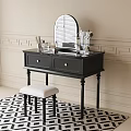 Elegant Black Dressing Table with Round Mirror Drawers White Stool and Cosmetics on Beige Wall