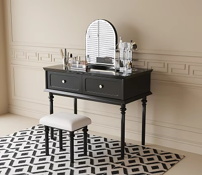 Elegant Black Dressing Table with Round Mirror Drawers White Stool and Cosmetics on Beige Wall 3d model