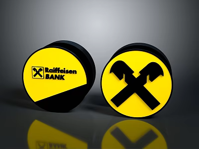 Raiffeisen Bank Logo and Hammer Symbol on Yellow Black Circular Signs 3d model