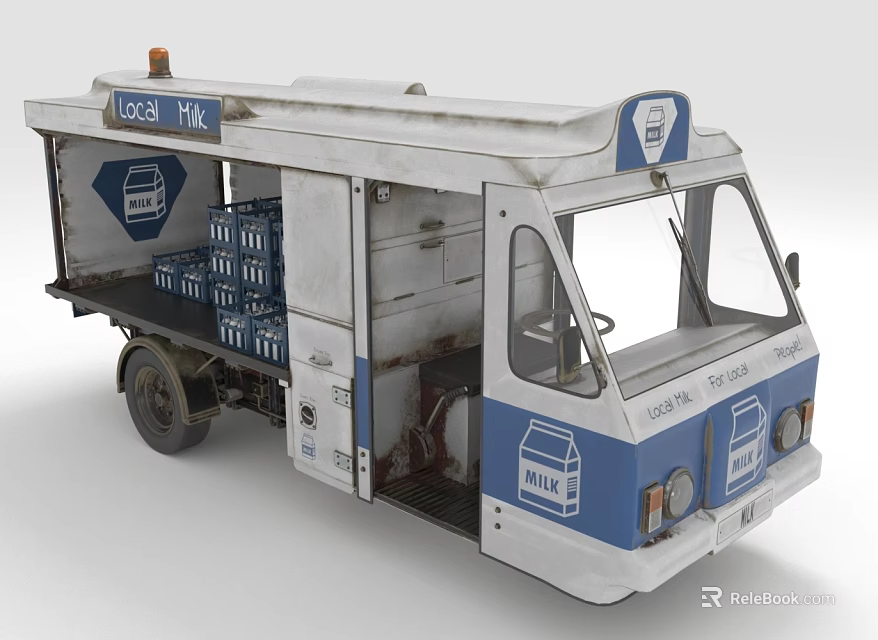 Local HK Vintage Milk Truck With Blue And White Design Milk Crates For Delivery Service 3d model 
