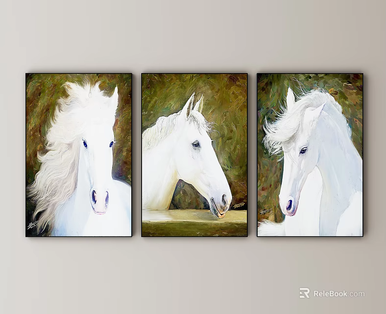 Animal Paintings With White Horse Portrait Oil Art Three Panels Wall Decor 3d model 