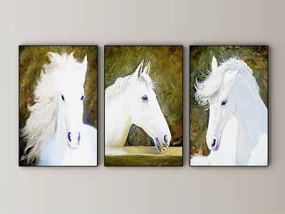 Animal Paintings With White Horse Portrait Oil Art Three Panels Wall Decor 3d model