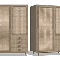 Natural Wooden Wardrobe Design With Rattan Door Panels And Drawer Storage