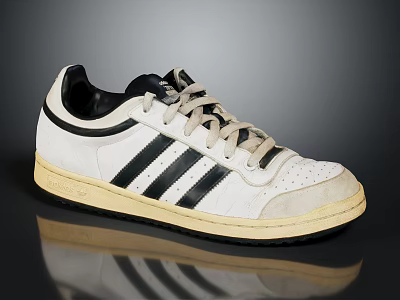 Vintage White Athletic Shoes With Black Stripes Beige Laces And Cream Sole 3d model