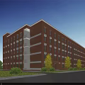 Modern Red Brick School Building Exterior With Trees Pedestrians And Pathway