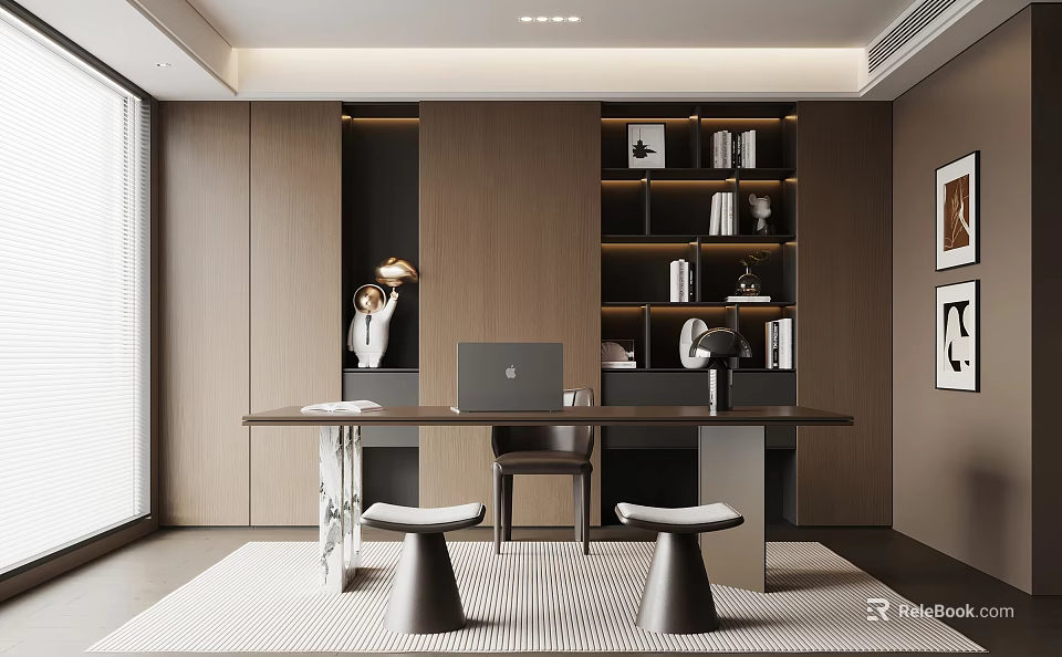 Modern Study Room Interior Design With Wooden Desk Laptop Built In Bookshelves And Chair 3d model 