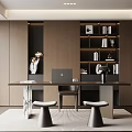 Modern Study Room Interior Design With Wooden Desk Laptop Built In Bookshelves And Chair