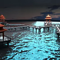 Ancient Chinese Architecture With Red Roof Pavilions Over Water And Wooden Platform Bridges