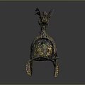 Ancient Decorative Helmet With Intricate Golden Black Patterns And Eagle Ornament