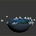 Cartoon Island Scenery with Blue Water Green Vegetation Black Portals House Clouds and Character