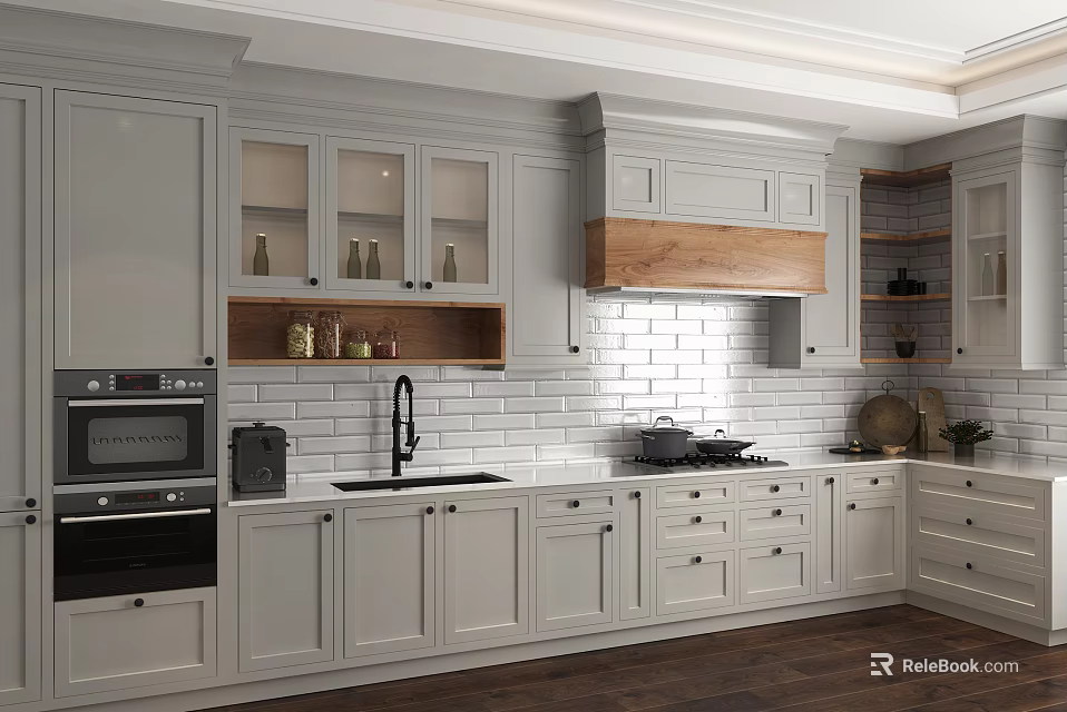 Classic White Kitchen Interior With Glass Door Cabinets Wooden Range Hood And Brick Backsplash 3d model 