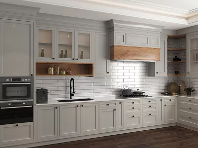 Classic White Kitchen Interior With Glass Door Cabinets Wooden Range Hood And Brick Backsplash 3d model