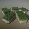 Green Moss Covered Stone Blocks Scattered in Natural Arrangement with Shadow Effects