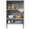 Gray Kitchenware Storage Shelves With White Dishes Hanging Mugs Jars And Wooden Spoon