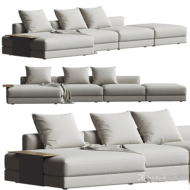 Soft Light Gray Sectional Sofa Interior With Multiple Cushions And Plush Throw Blanket 3d model