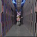 Bar Hallway Featuring Astronaut With Guitar Purple Red Lighting and Smooth Marble Floor