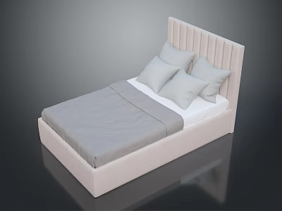 Modern Upholstered Bed with Vertical Tufted Headboard Light Gray Sheet and Pillows 3d model