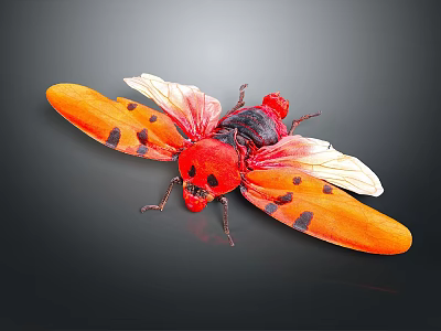 Vibrant Red Insect With Orange Wings And Black Spots On Dark Surface 3d model