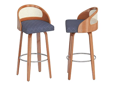 Wooden Bar Stools With Rattan Backrest Navy Blue Checkered Seat And Metal Footrest 3d model