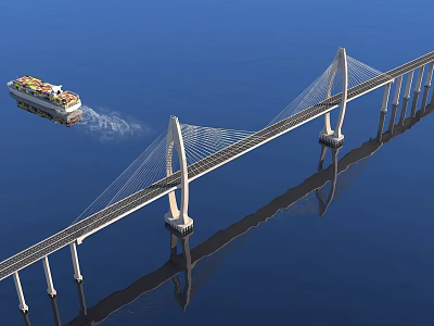 Cable Stayed Bridge Over Blue Sea With Container Ship And Water Reflection 3d model