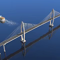 Cable Stayed Bridge Over Blue Sea With Container Ship And Water Reflection 3d model
