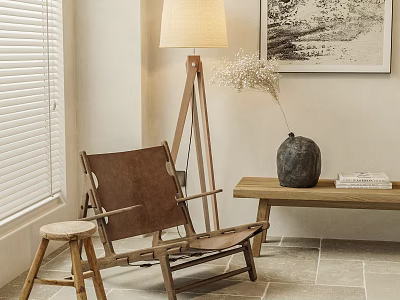 Leisure Brown Leather Chair With Wooden Floor Lamp Side Table Vase Books And Window Blinds 3d model