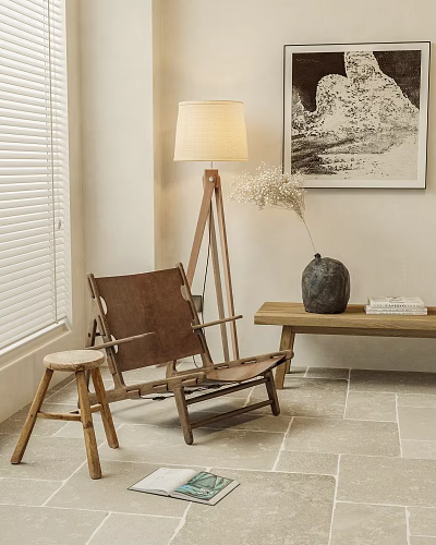 Leisure Brown Leather Chair With Wooden Floor Lamp Side Table Vase Books And Window Blinds 3d model