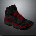 High Top Black Red Patterned Sneakers With Red Laces Gray Sole And Tongue Logo