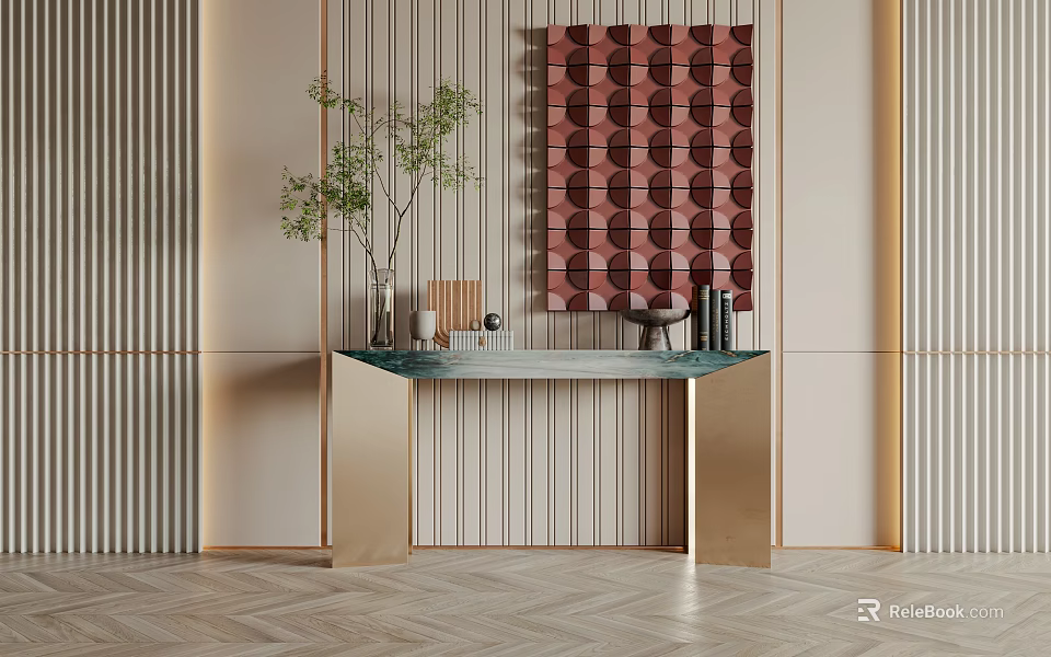 Modern Console Table Design With Green Plant And Decorative Painting On Striped Wall Herringbone Floor 3d model 