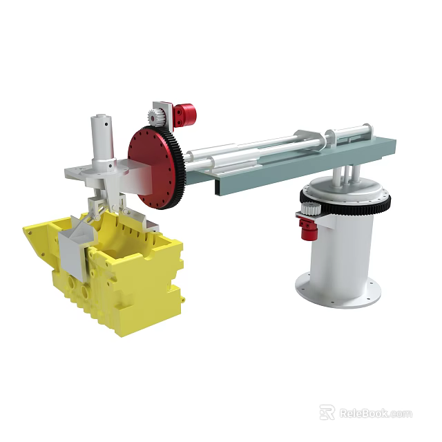 Mechanical Device With Yellow Component Red Wheel Silver Rod And White Base 3d model
