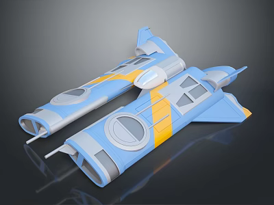 3D Rendering of Blue Yellow Gray Cosmic Spacecraft with Twin Fuselage Design 3d model