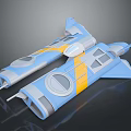 3D Rendering of Blue Yellow Gray Cosmic Spacecraft with Twin Fuselage Design