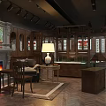 Vintage Clothing Store Interior With Wooden Furniture Fireplace And Piano