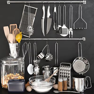 Hanging Kitchen Utensils on Metal Rod with Metal Wooden Spoons Glass Jars Grains and Grater 3d model