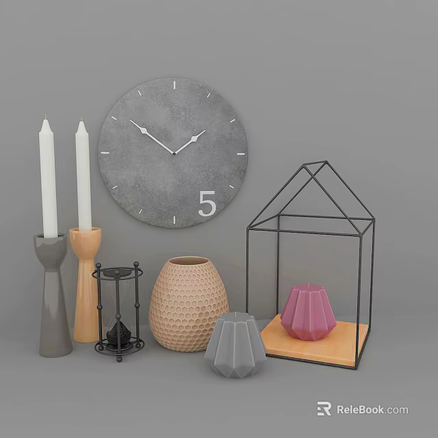 Modern Decorative Ornament Set With Clock Candles Vase Glass Terrarium And Hourglass 3d model 