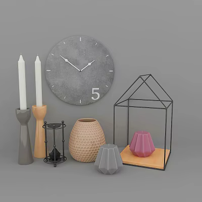 Modern Decorative Ornament Set With Clock Candles Vase Glass Terrarium And Hourglass 3d model