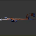 Orange And Blue Crossbow Weapon With Curved Wooden Frame And Metal Arrow