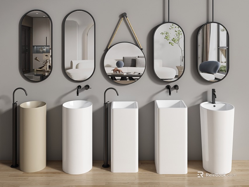 Modern Pedestal Washbasins with White Beige Finish and Black Faucets Against Wall Mirrors 3d model 