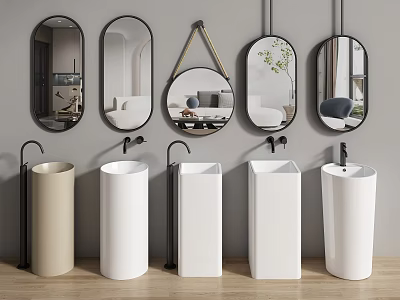 Modern Pedestal Washbasins with White Beige Finish and Black Faucets Against Wall Mirrors 3d model