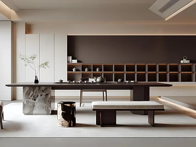 Modern Tea Room Interior Design With Marble Tea Table Tea Sets Shelves And Wooden Bench 3d model