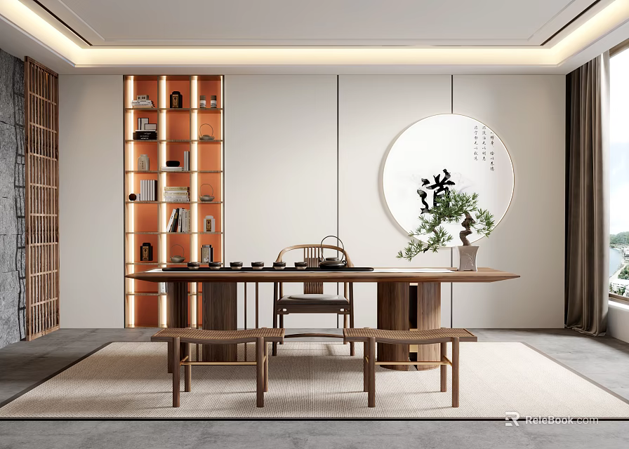 Serene Chinese Style Tea Room With Wooden Long Table Bookshelf And Round Decor 3d model 