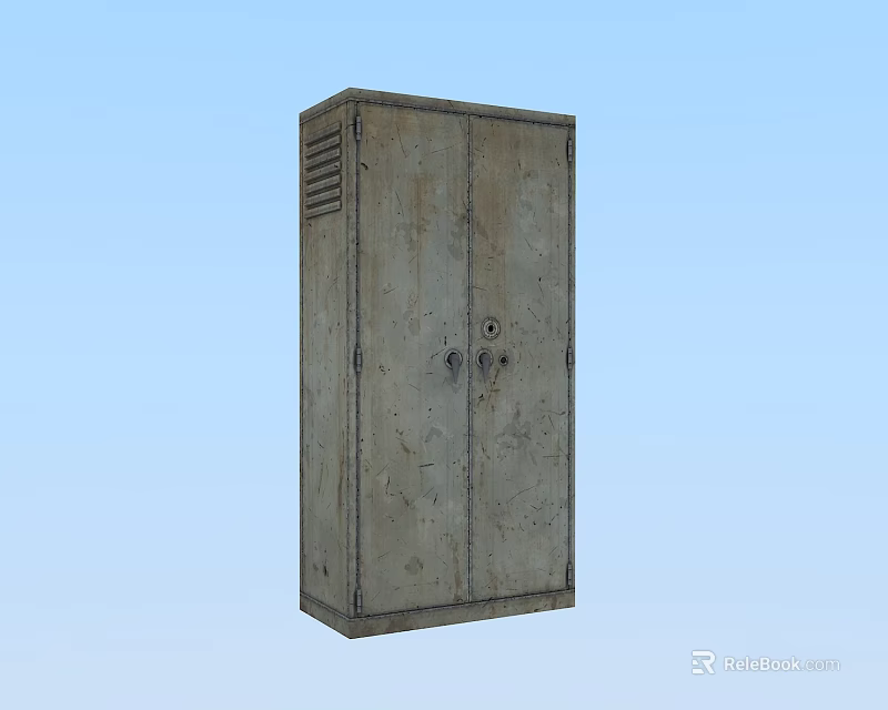 Public Facility Vintage Metal Storage Locker With Double Doors And Ventilation Grilles 3d model 