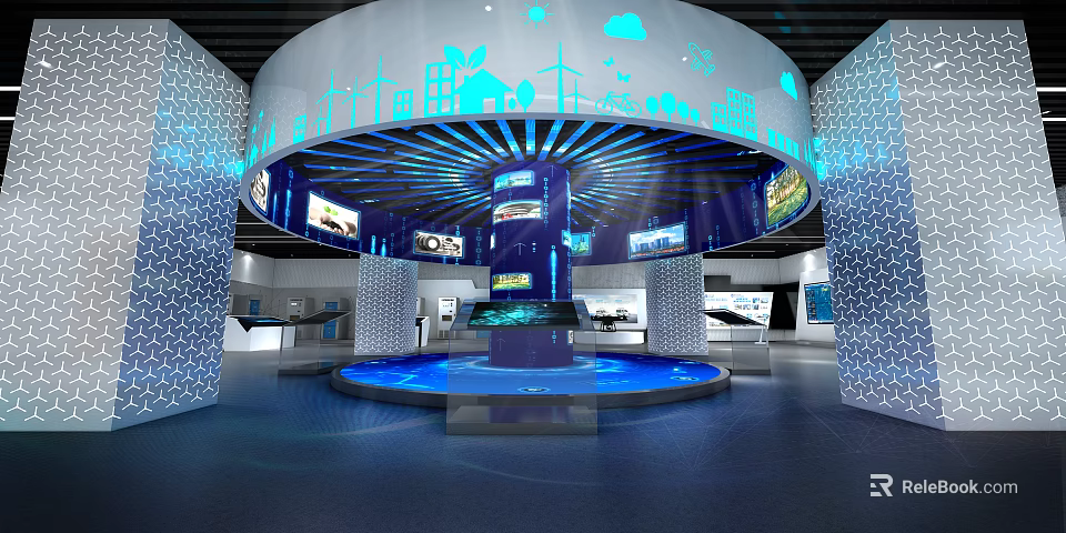 Modern Exhibition Hall With Circular Design Blue Lighting Display Screens And Interactive Installations 3d model